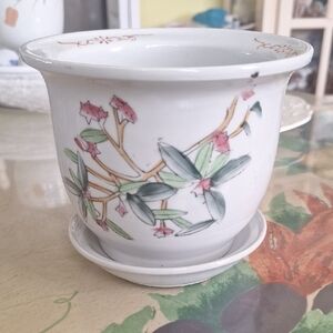 Unique Vintage Floral Ceramic Planter with Saucer